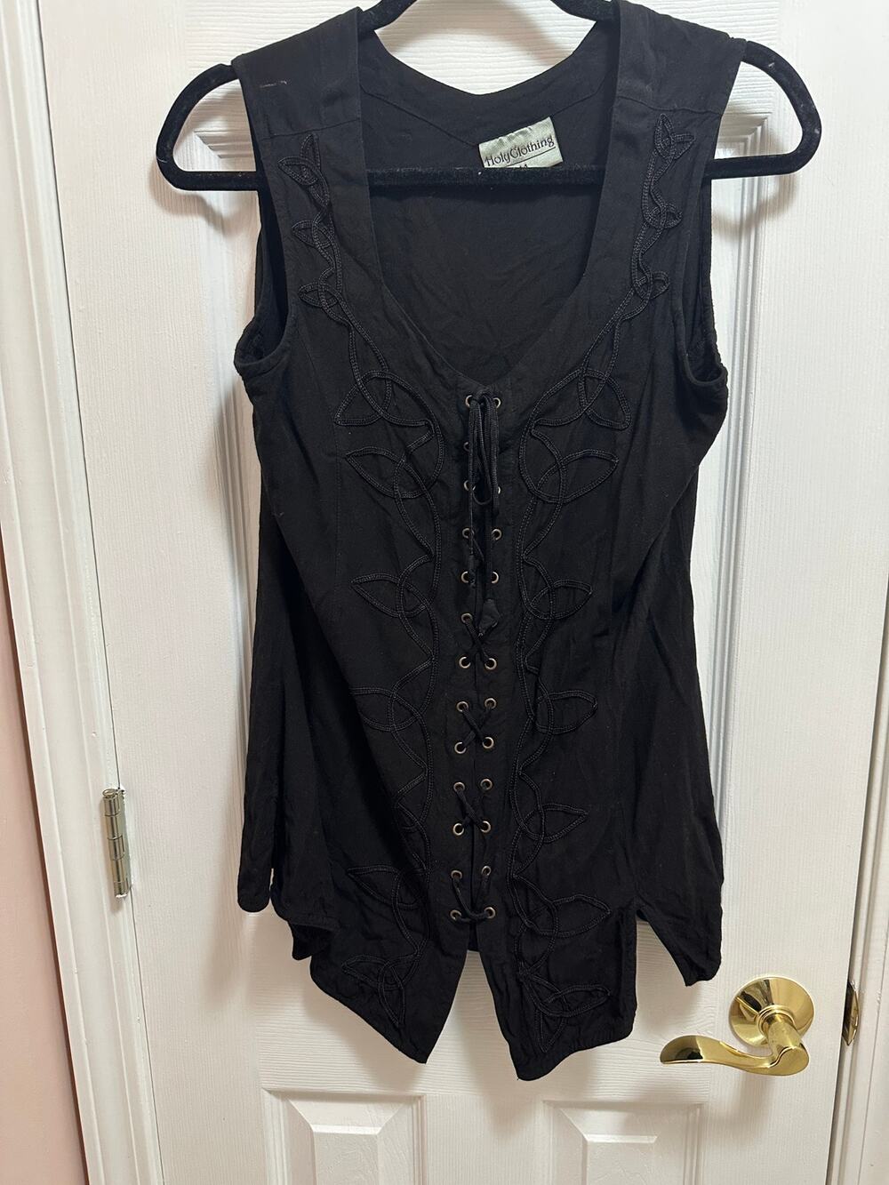 Holy Clothing Vest/Tunic Lace Up Front Black Embroidered Size Medium
